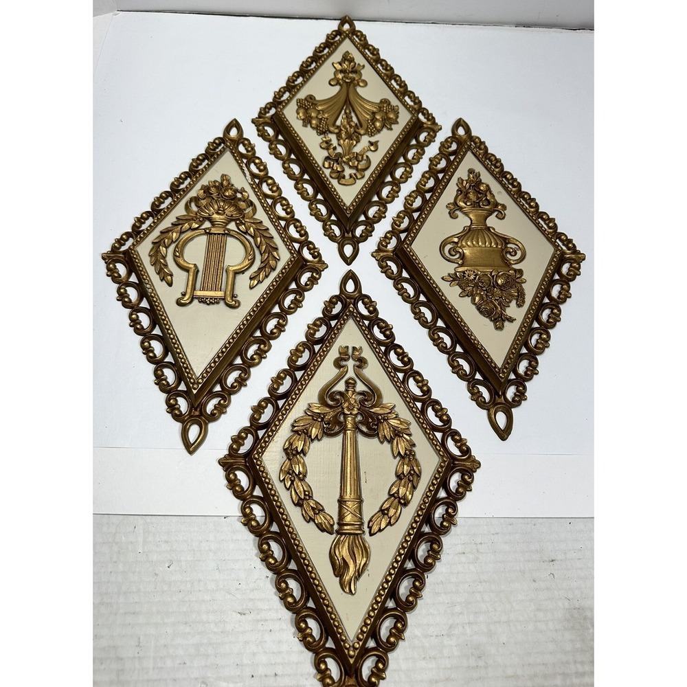 Vtg Homco French Court Gold Diamond Wall Plaques 7224/7225/7226/7227, Dated 1971